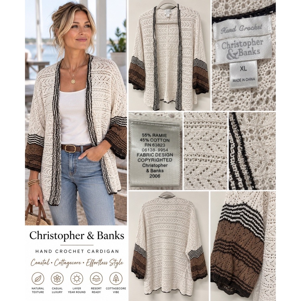 Coldwater Creek Womens Open Front Crochet Knit Cardigan Sz LG tan/brown Cottage
